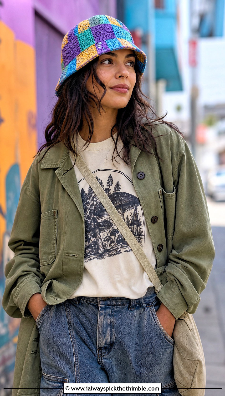 Patchwork Checkered Crochet Bucket Hat With Graphic Tee - 25 crochet checkered bucket hat outfit ideas