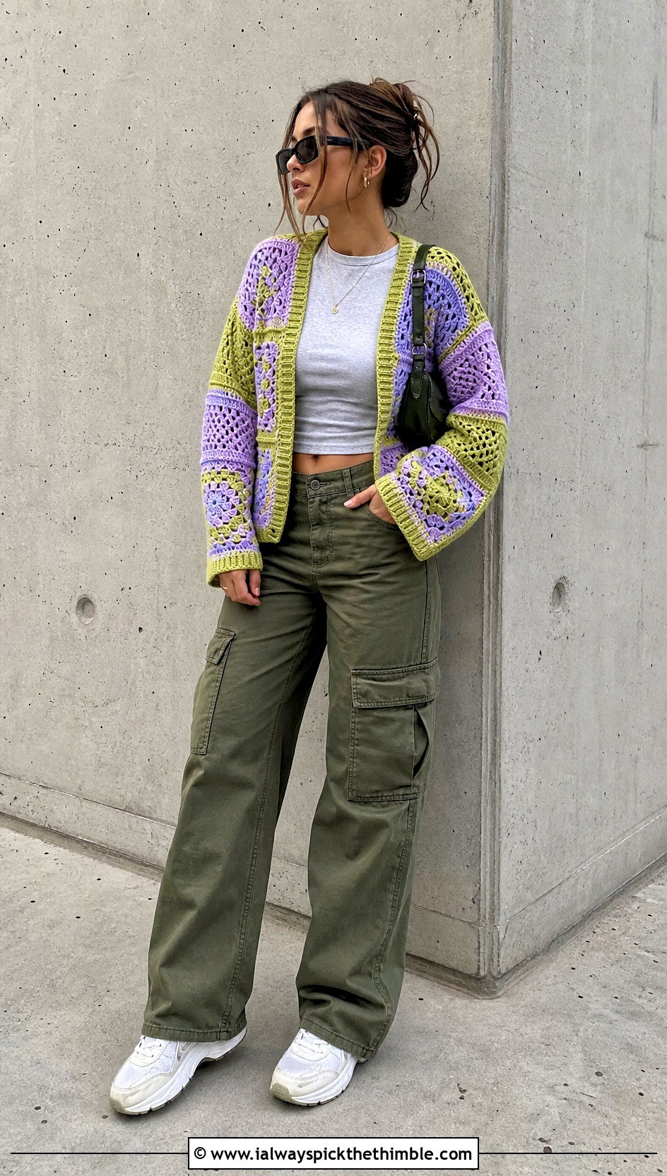 Patchwork Checkered Crochet Cardigan With Cargo Pants - 20 Checkered Crochet Cardigan outfit ideas