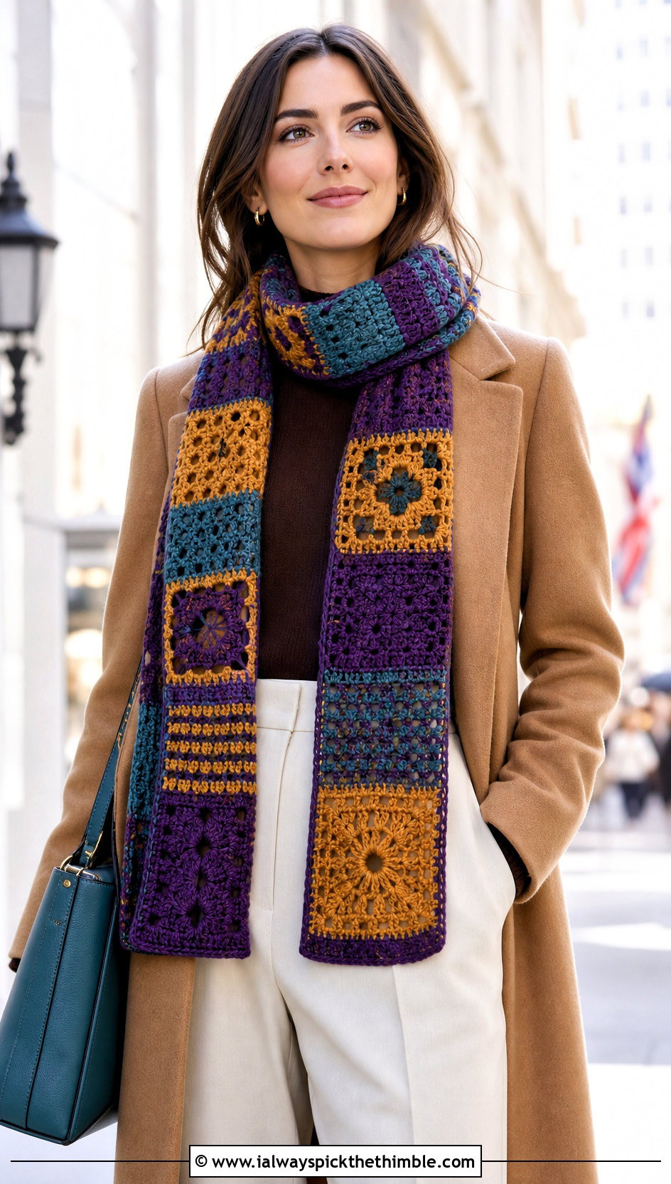 Patchwork Checkered Crochet Scarf With Camel Coat - 20 Checkered Crochet Scarf outfit ideas