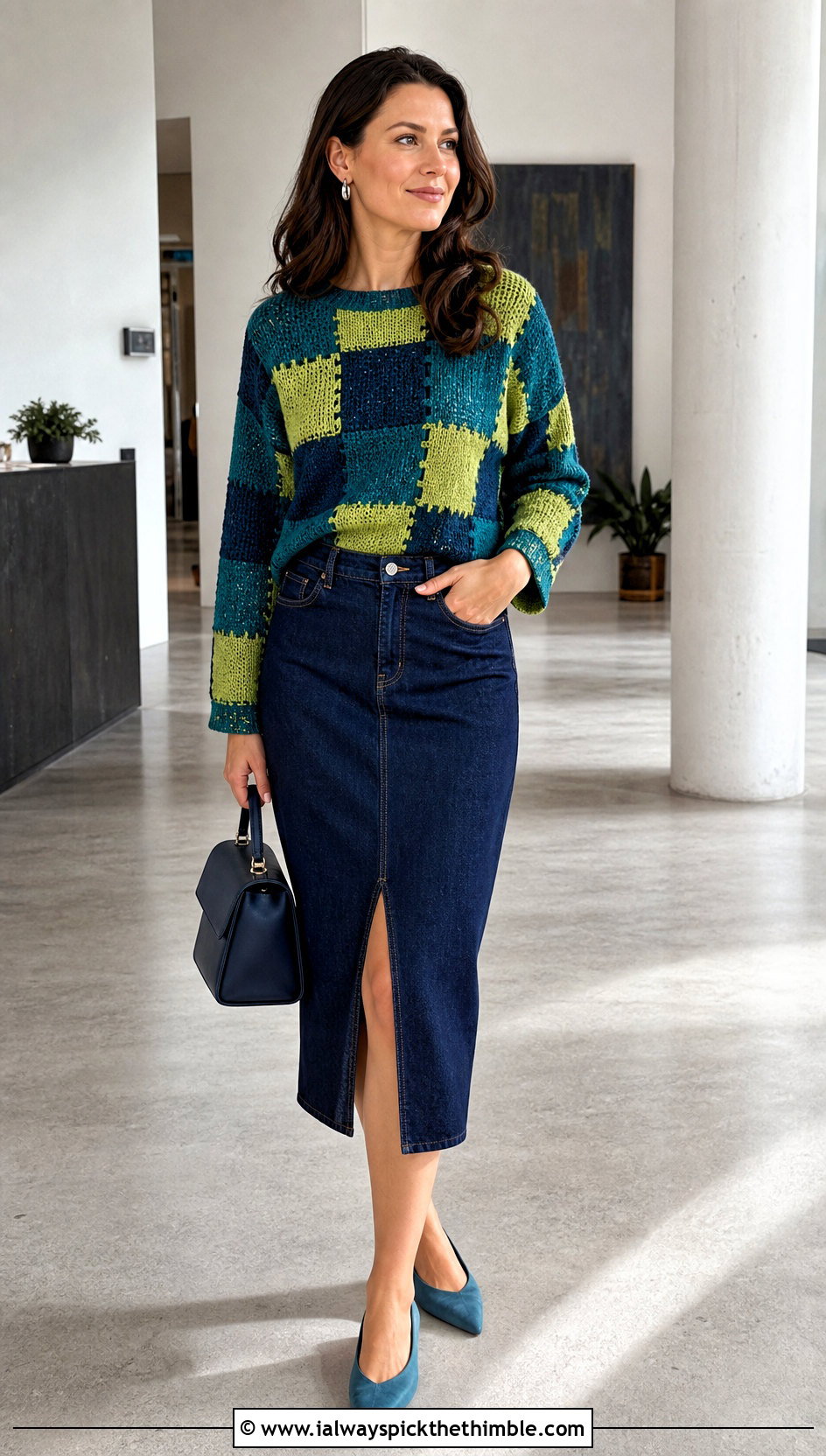 Patchwork Checkered Crochet Sweater With Denim Pencil Skirt - 20 checkered crochet sweater outfit ideas