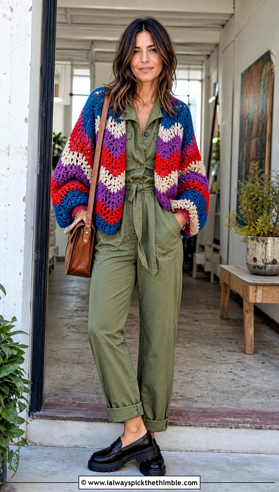 Patchwork Chevron Crochet Sweater With Utility Jumpsuit - 20 Chevron Crochet Sweater outfit ideas