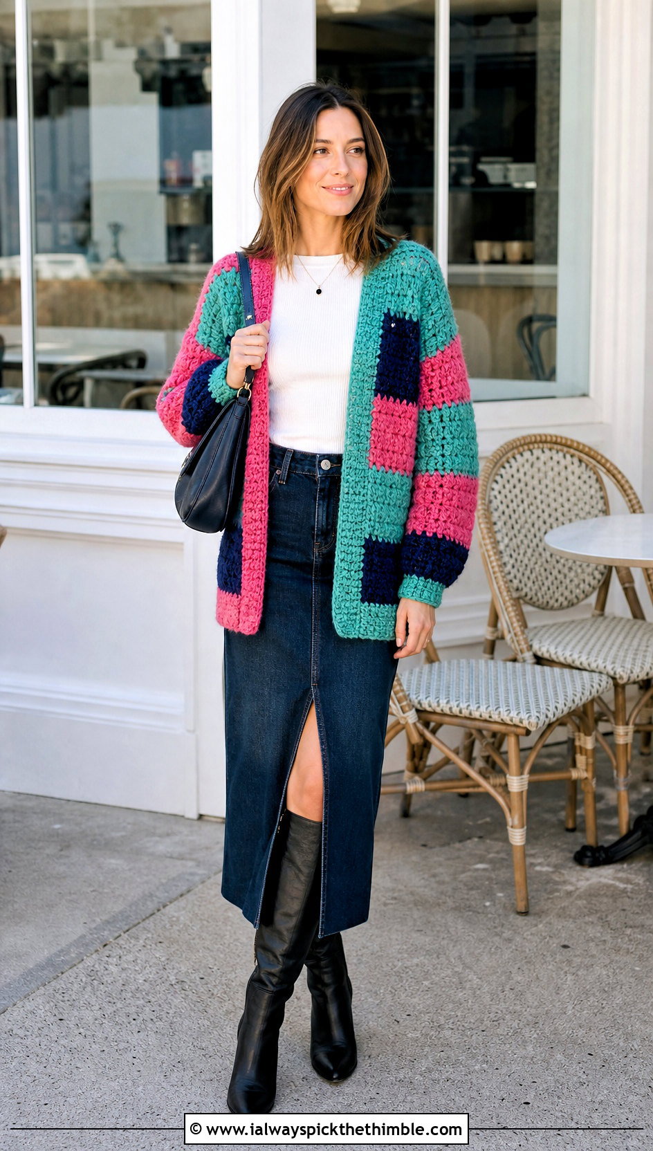 Patchwork Chunky Crochet Cardigan With Denim Skirt - 25 chunky crochet cardigan outfit ideas