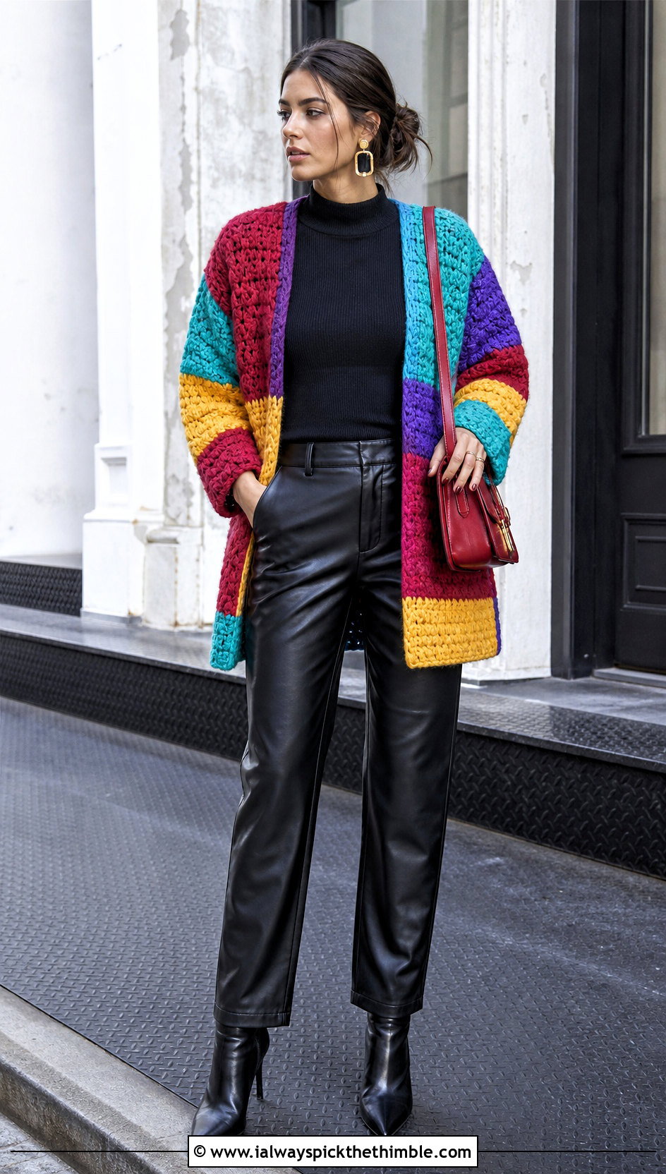 Patchwork Chunky Crochet Cardigan With Leather Pants - 15 Chunky Yarn Crochet Cardigan outfit ideas
