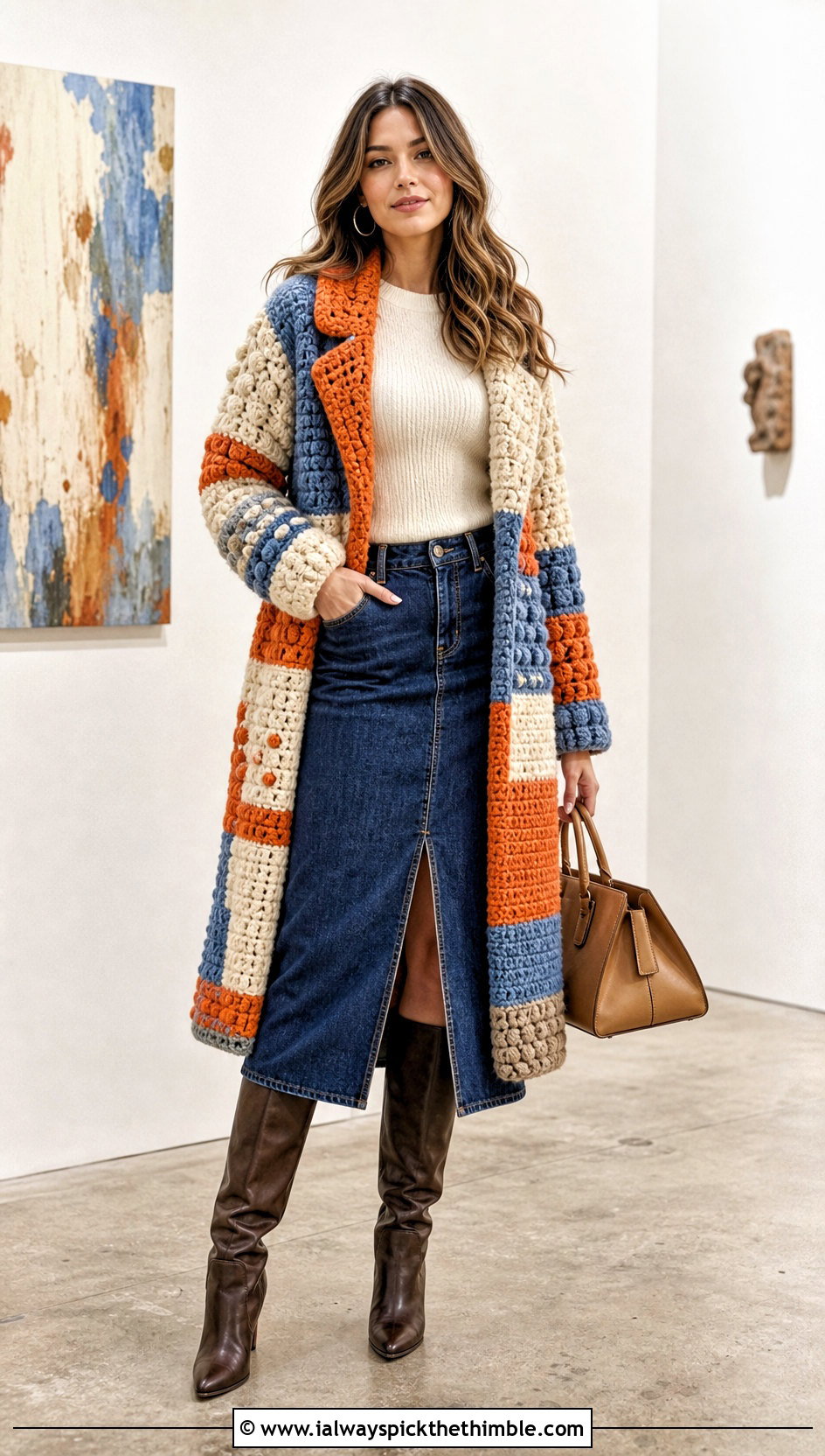 Patchwork Chunky Crochet Coat With Denim Midi Skirt - 20 Chunky Crochet Coat outfit ideas