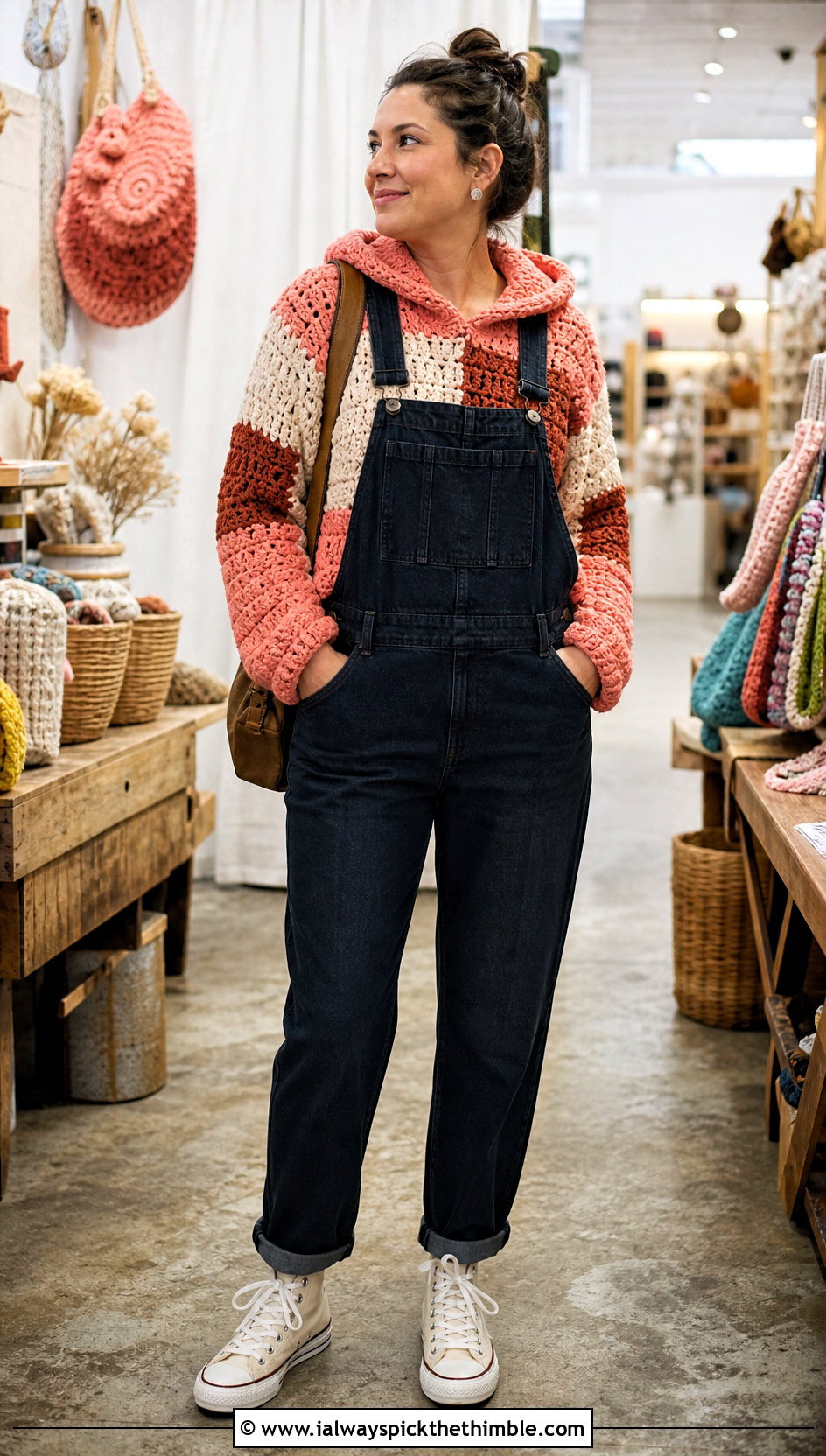 Patchwork Chunky Crochet Hoodie With Denim Overalls - 20 crochet chunky hoodie outfit ideas