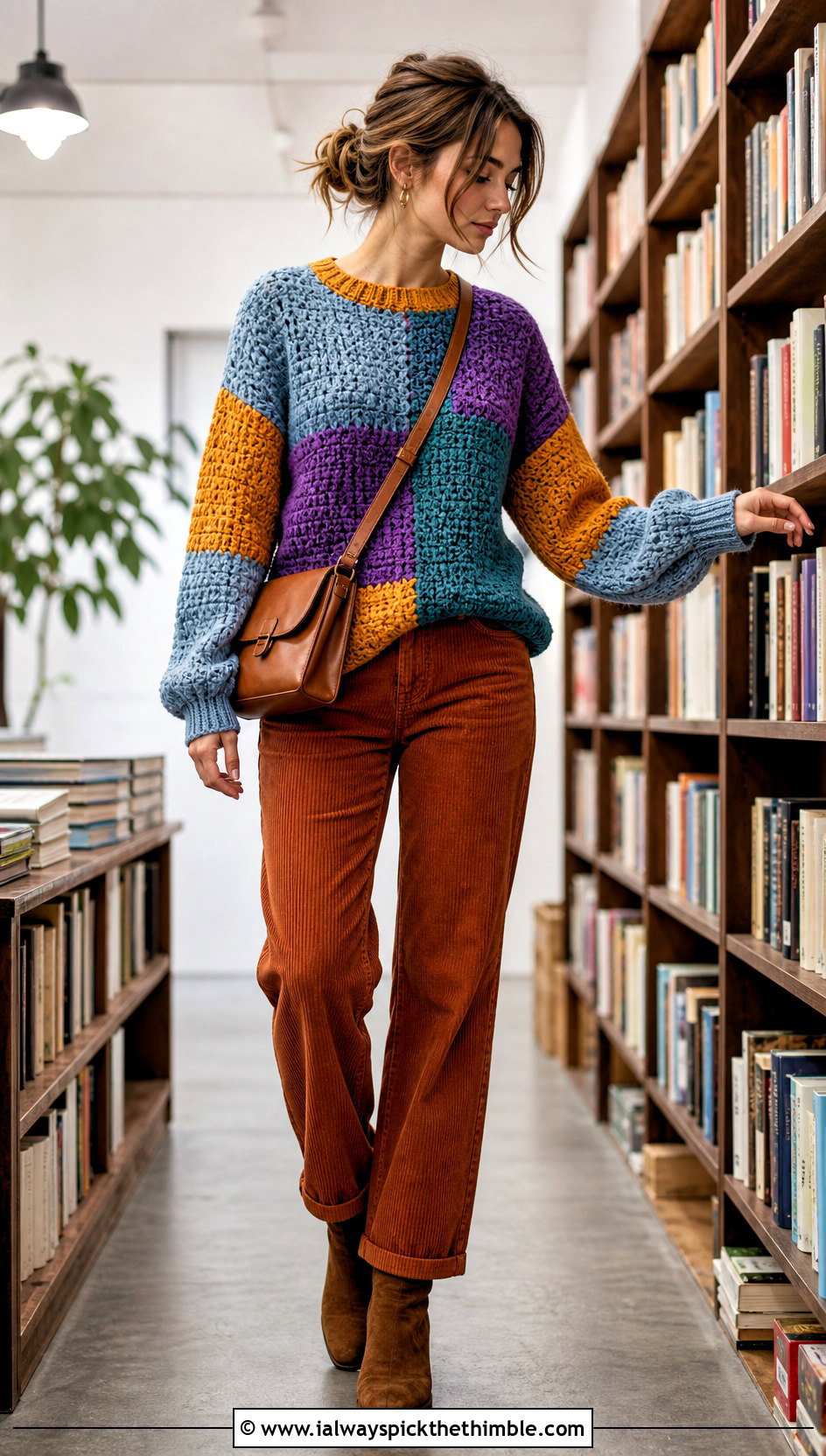 Patchwork Chunky Crochet Jumper With Corduroy Pants - 25 chunky crochet jumper outfit ideas