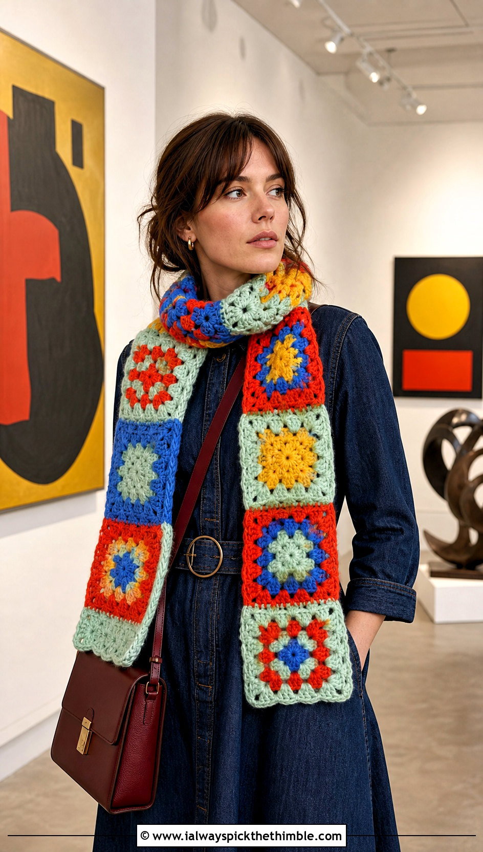 Patchwork Chunky Crochet Scarf With Denim Dress - 25 chunky crochet scarf outfit ideas