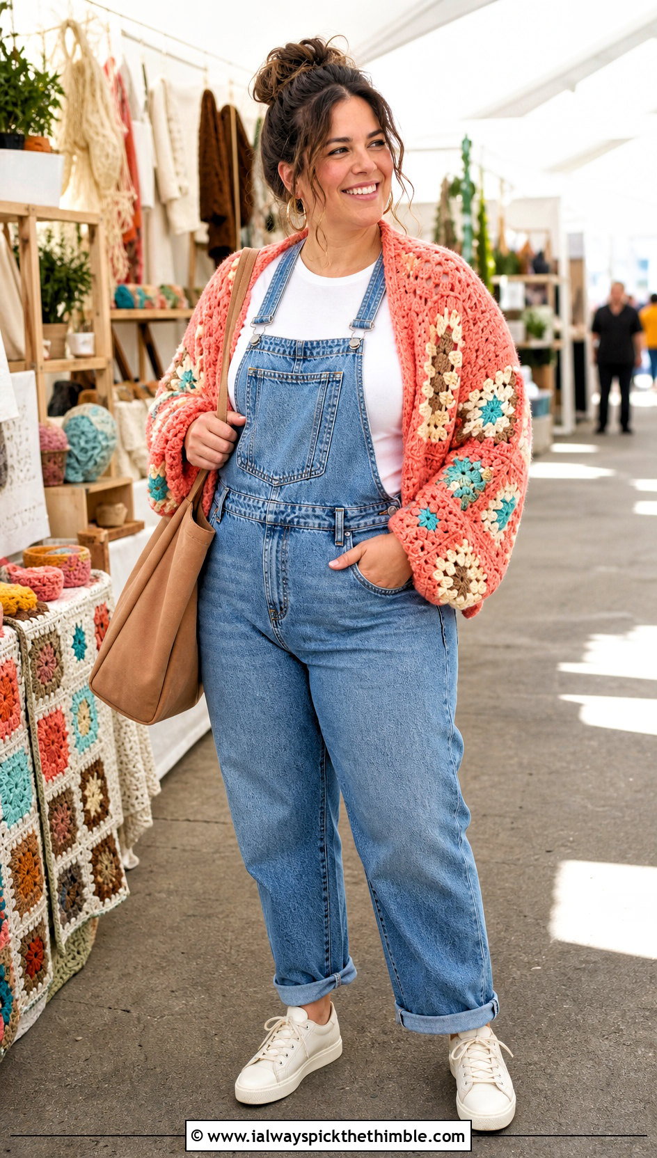 Patchwork Chunky Crochet Shrug With Denim Overalls - 20 Chunky Crochet Shrug outfit ideas