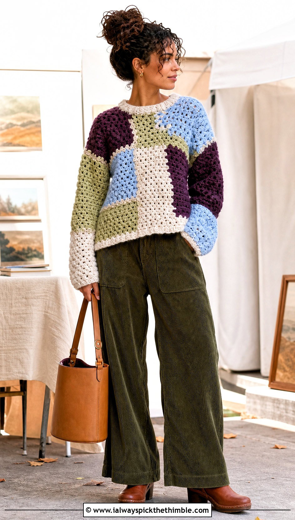 Patchwork Chunky Crochet Sweater With Corduroy Pants - 20 Chunky Crochet Sweaters outfit ideas