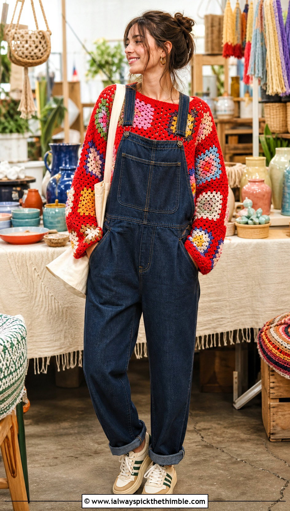Patchwork Chunky Crochet Sweater With Denim Overalls - 25 chunky crochet sweater outfit ideas