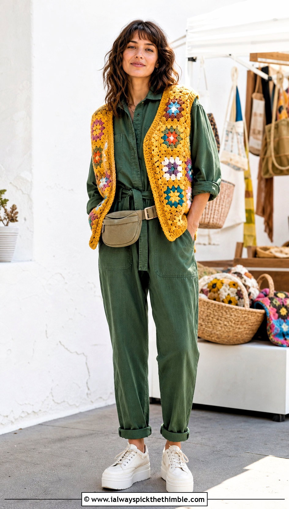 Patchwork Chunky Crochet Vest With Utility Jumpsuit - 20 crochet chunky vest outfit ideas