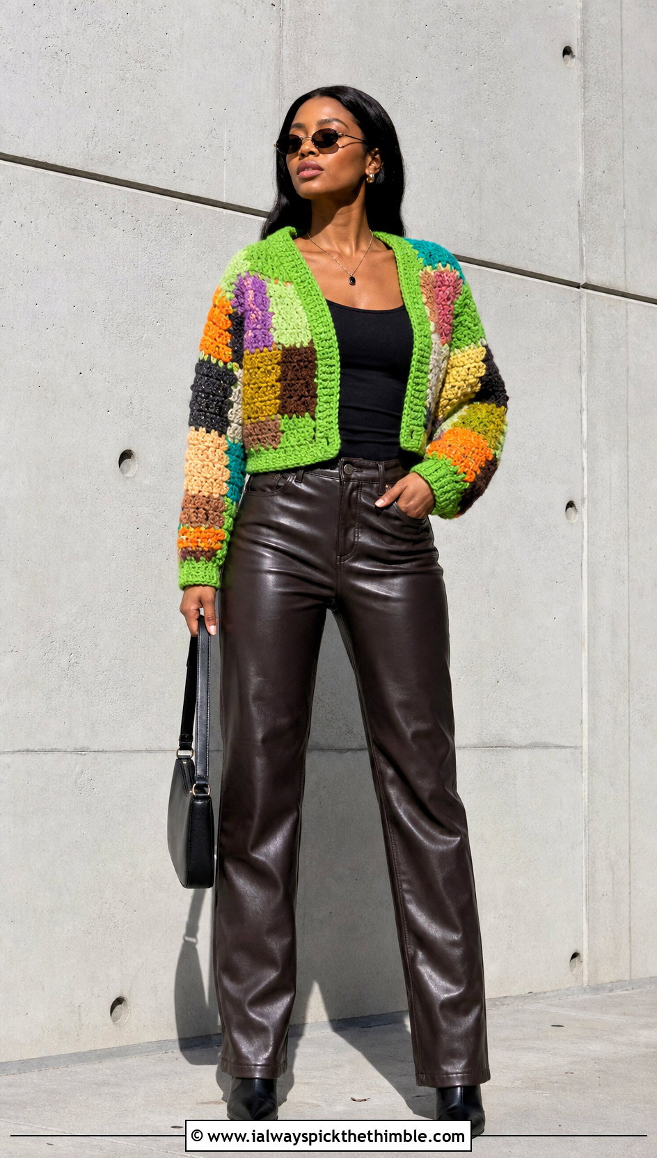Patchwork Chunky Cropped Cardigan With Leather Pants - 15 Crochet Chunky Cropped Cardigan outfit ideas