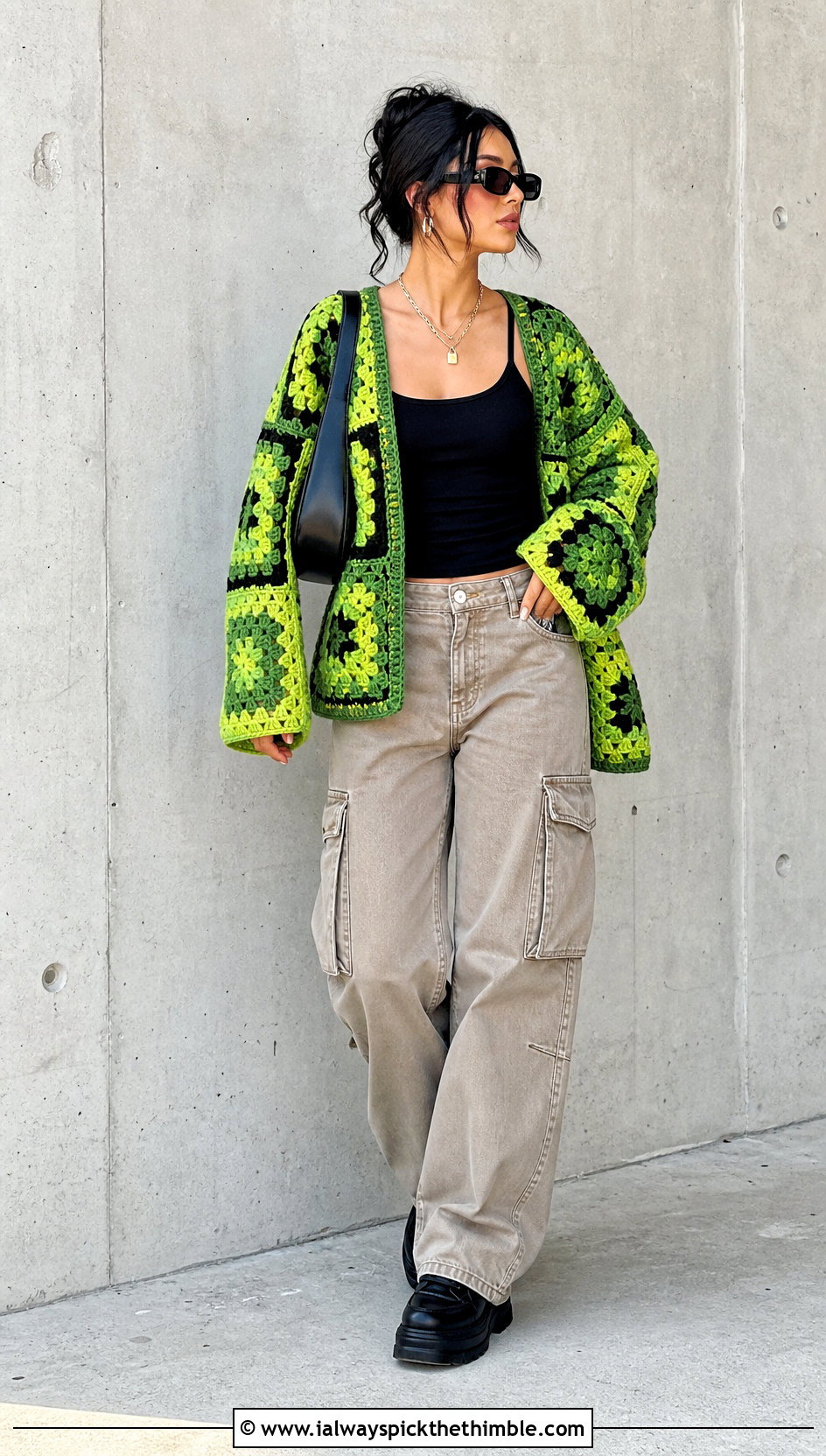 Patchwork Chunky Granny Square Cardigan With Cargo Pants - 25 Chunky Granny Square Cardigan outfit ideas