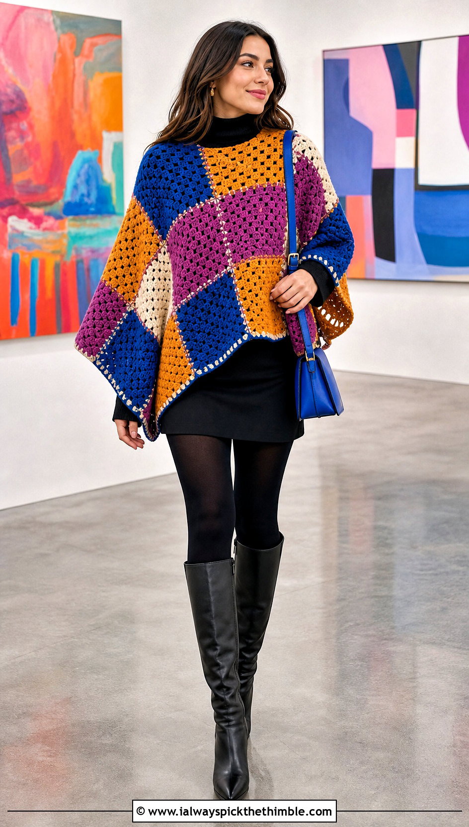 Patchwork Chunky Yarn Crochet Poncho With Black Mini Skirt - 20 Chunky Yarn Crochet Poncho outfit ideas