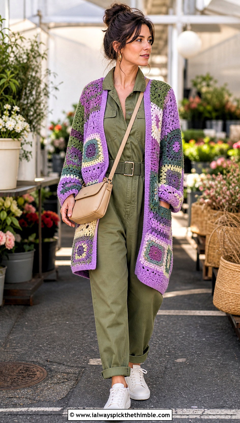 Patchwork Cocoon Crochet Cardigan With Utility Jumpsuit - 20 Cocoon Crochet Cardigan outfit ideas