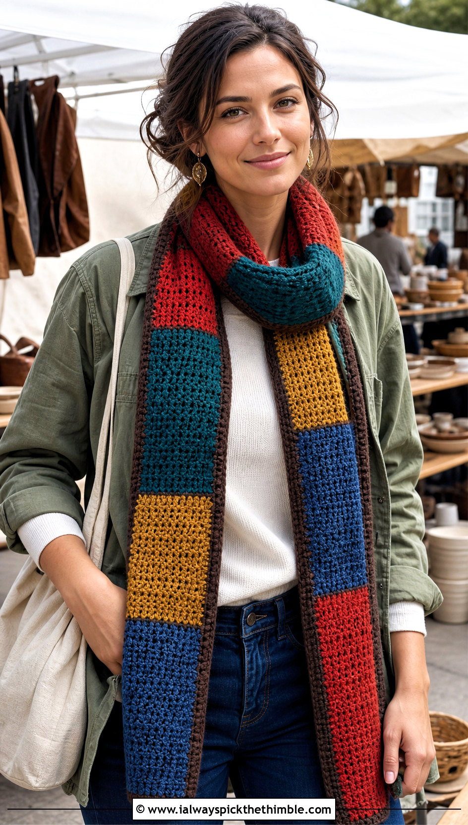 Patchwork Color Block Crochet Scarf With Workwear Shirt - 20 Color Block Crochet Scarf outfit ideas