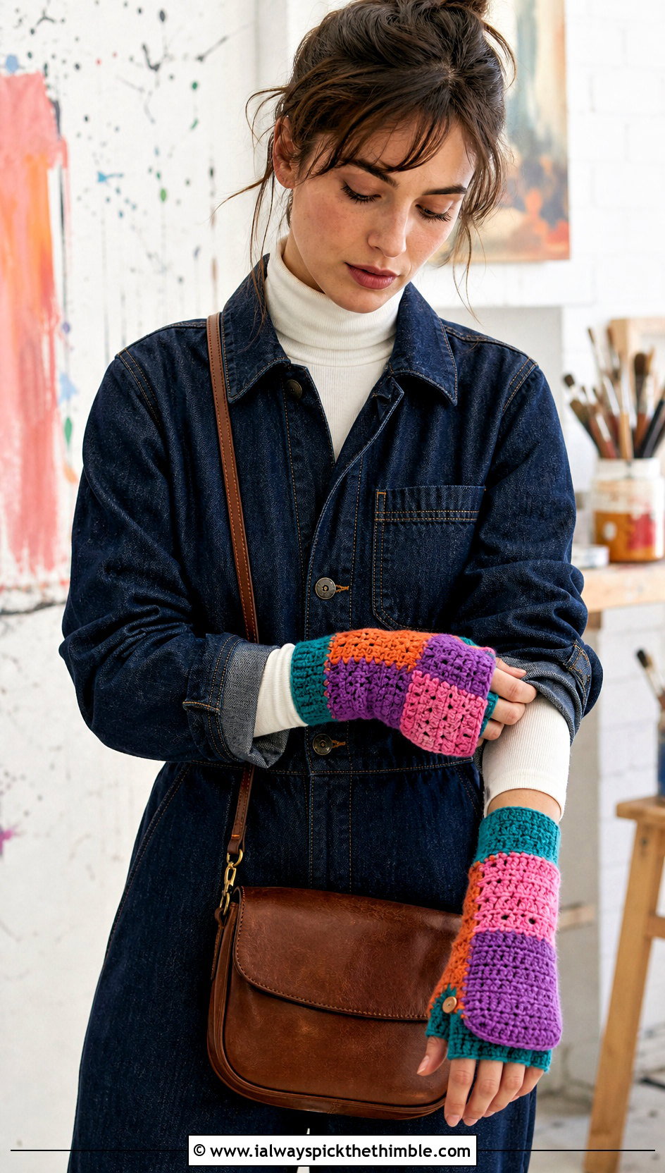 Patchwork Convertible Gloves With Boiler Suit and Sneakers - 20 Convertible Crochet Gloves outfit ideas