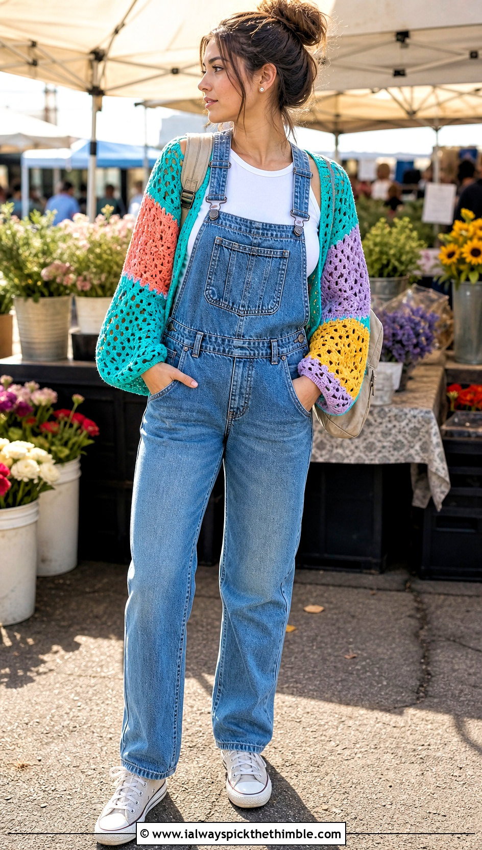 Patchwork Crochet Arm Shrug With Overalls - 20 Crochet Arm Shrug outfit ideas