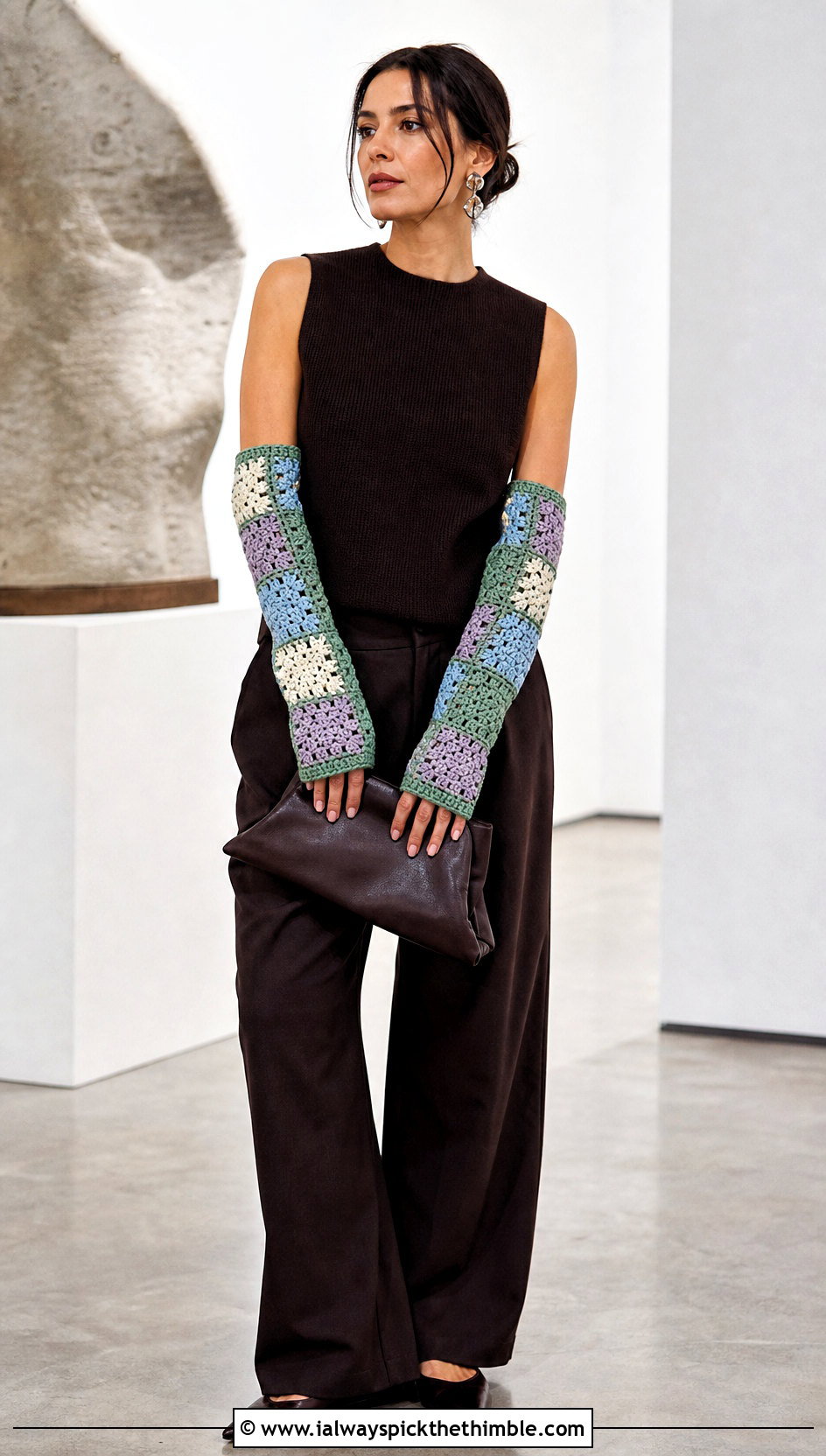 Patchwork Crochet Arm Warmers With Monochrome Outfit - 20 Crochet Arm Warmers Aesthetic outfit ideas