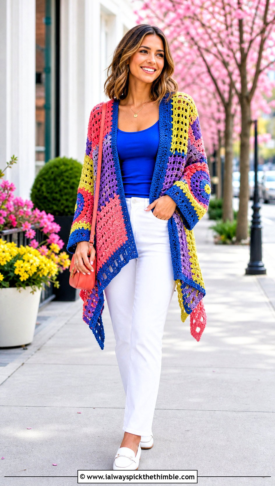 Patchwork Crochet Asymmetrical Cardigan With White Jeans - 20 crochet asymmetrical cardigan outfit ideas