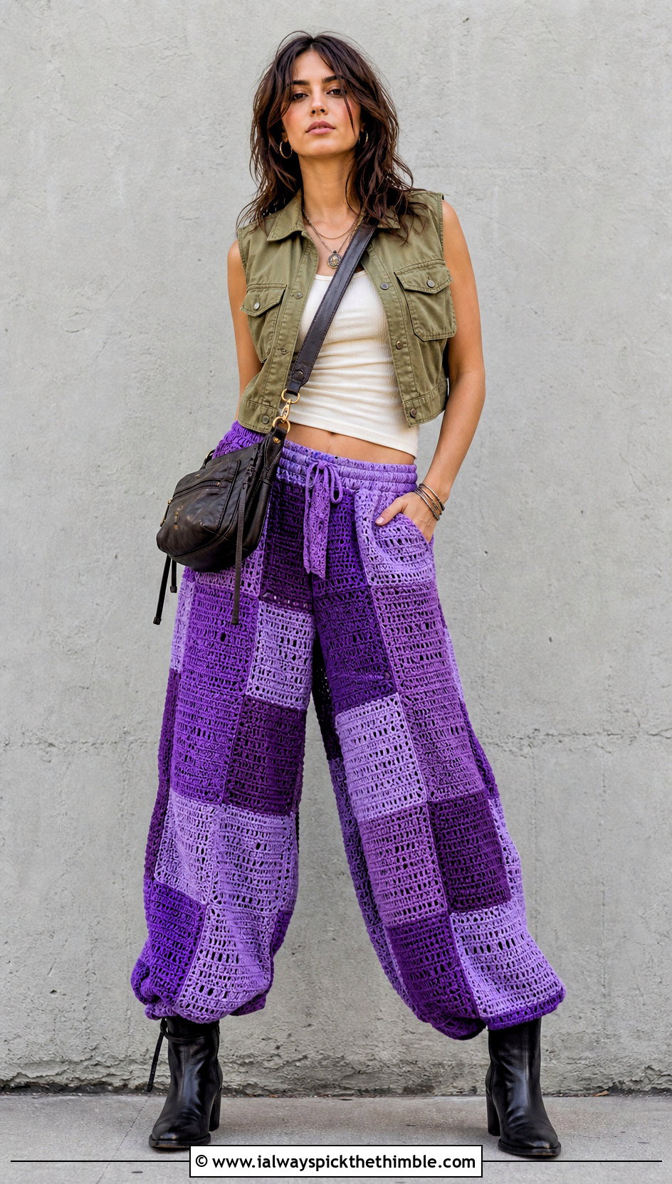 Patchwork Crochet Baggy Pants With Utility Vest - 25 crochet baggy pants outfit ideas