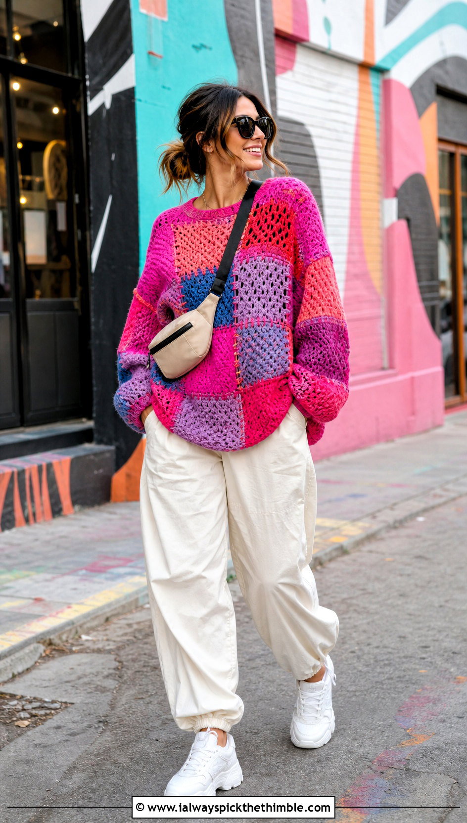 Patchwork Crochet Baggy Sweater With Parachute Pants - 20 crochet baggy sweater outfit ideas