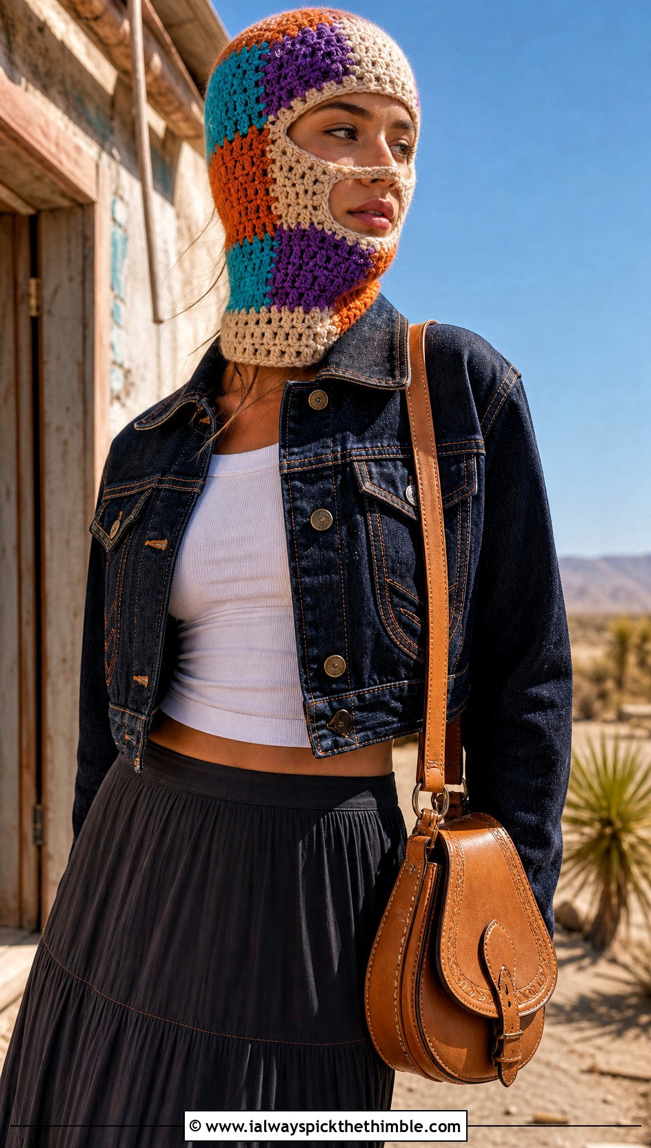 Patchwork Crochet Balaclava Beanie With Western Jacket - 20 crochet balaclava beanie outfit ideas
