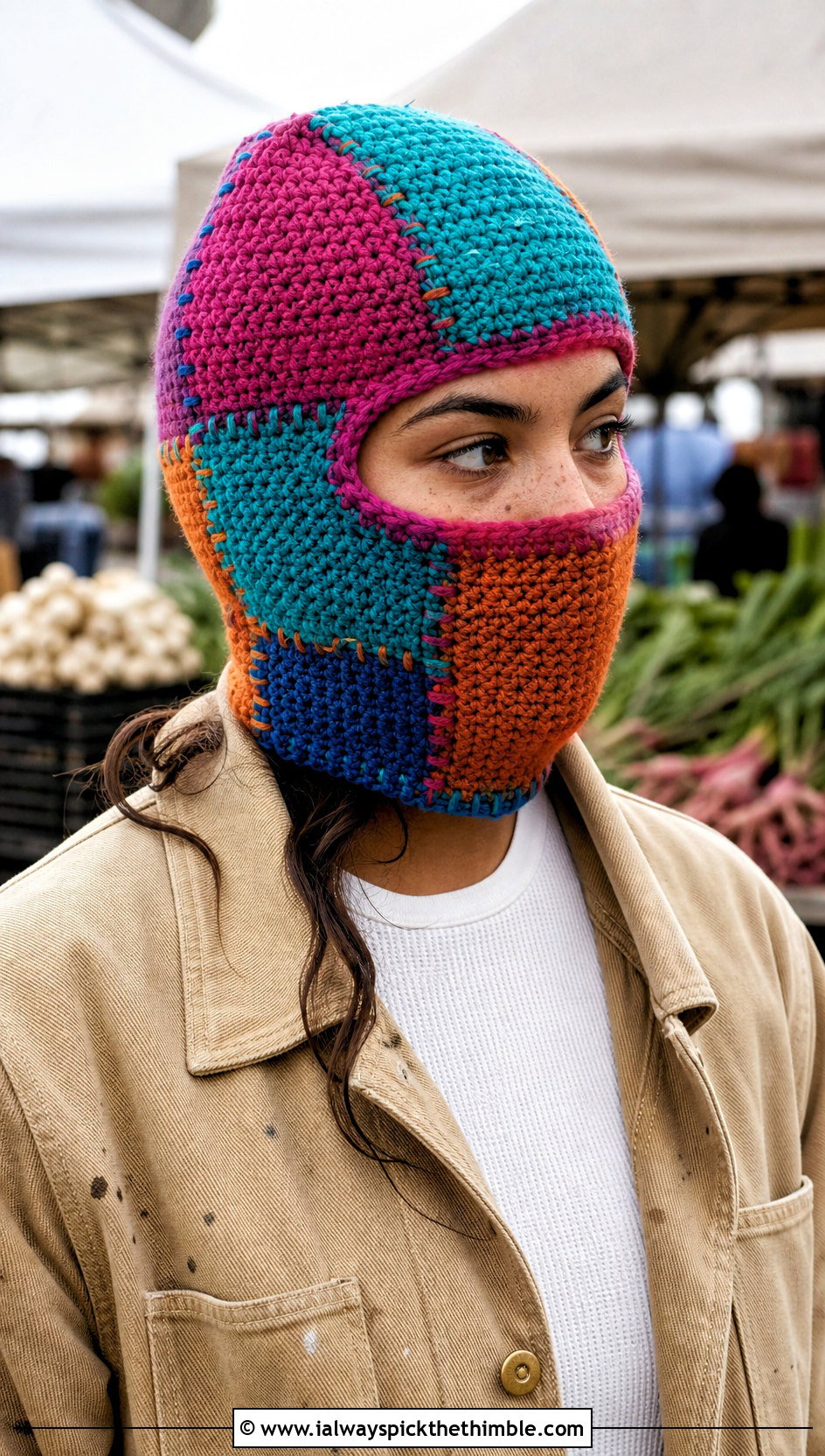 Patchwork Crochet Balaclava With Chore Coat - 25 crochet baclava hat outfit ideas