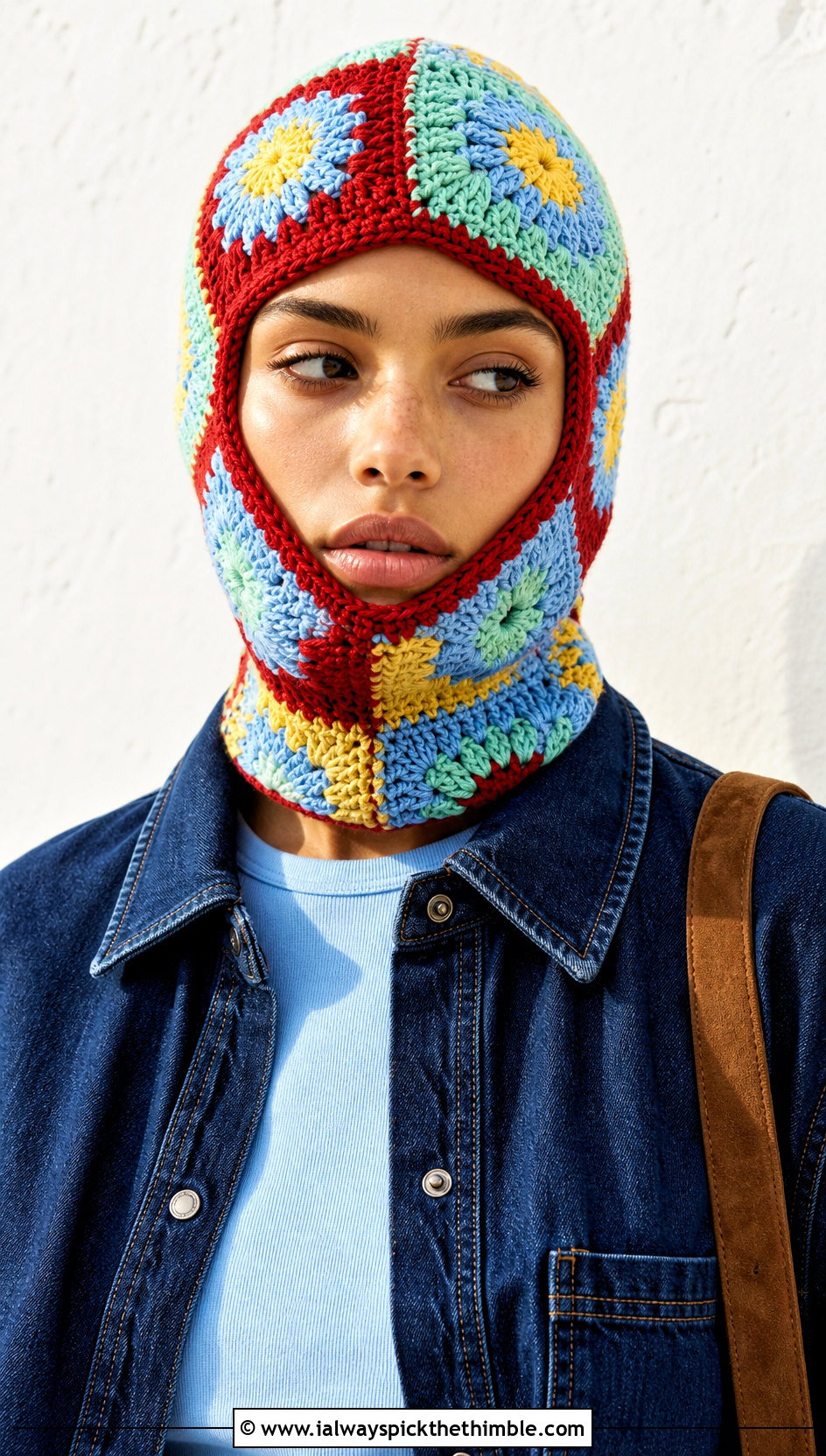 Patchwork Crochet Balaclava With Double Denim - 20 easy crochet balaclava outfit ideas
