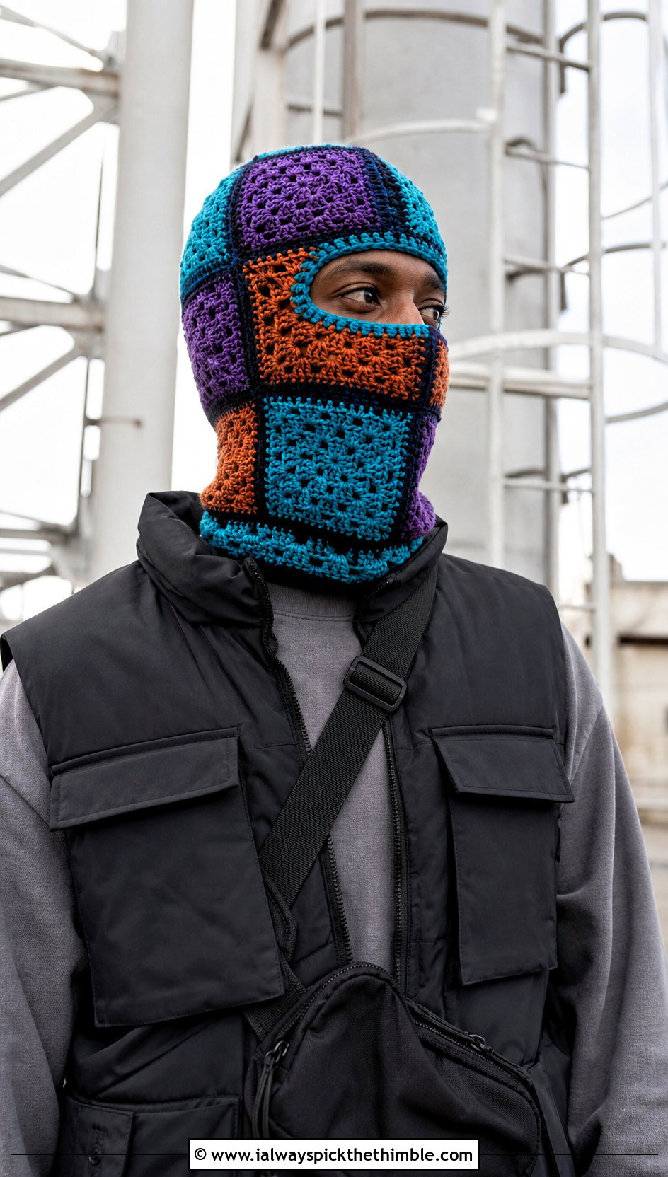 Patchwork Crochet Balaclava With Utility Vest - 20 crochet balaclava for men outfit ideas