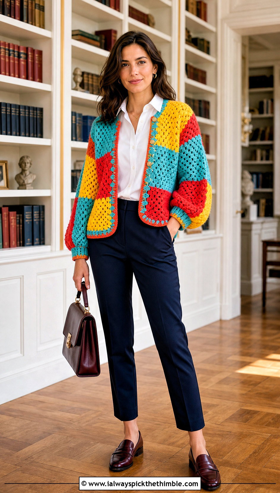 Patchwork Crochet Balloon Sleeve Cardigan With White Shirt - 20 crochet balloon sleeve cardigan outfit ideas