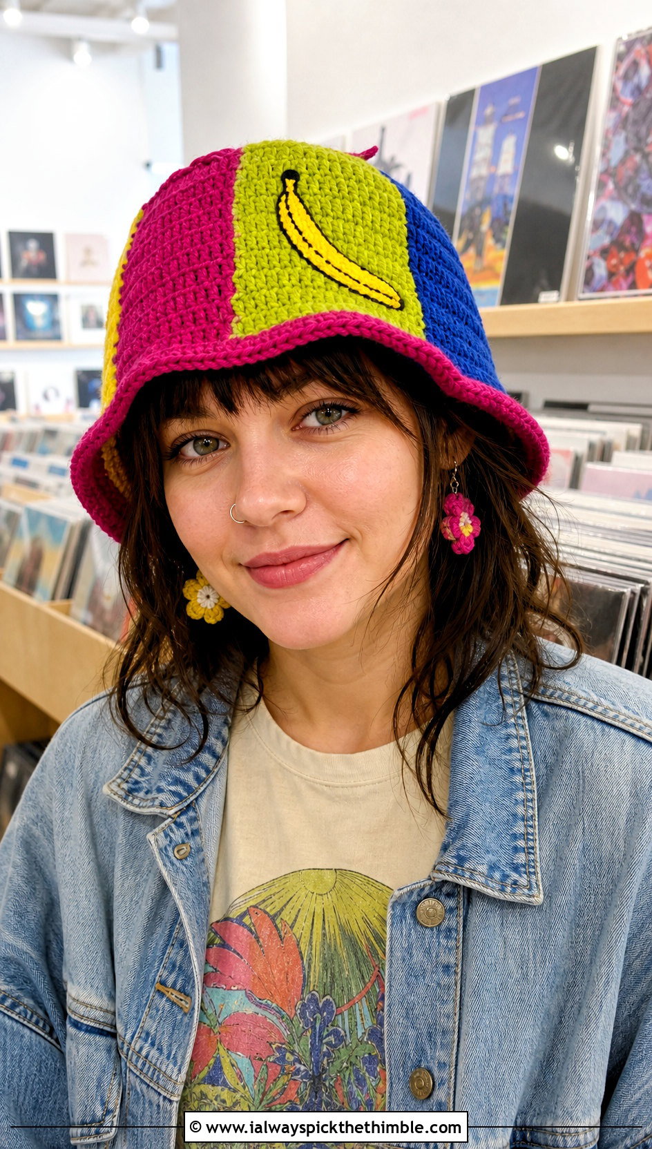 Patchwork Crochet Banana Hat With Graphic Tee - 20 crochet banana hat outfit ideas
