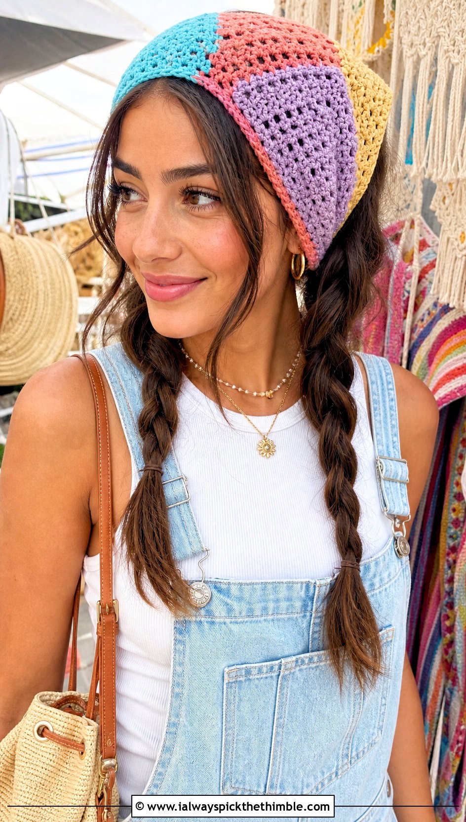 Patchwork Crochet Bandana Headband With Overalls - 20 Crochet Bandana Headband outfit ideas
