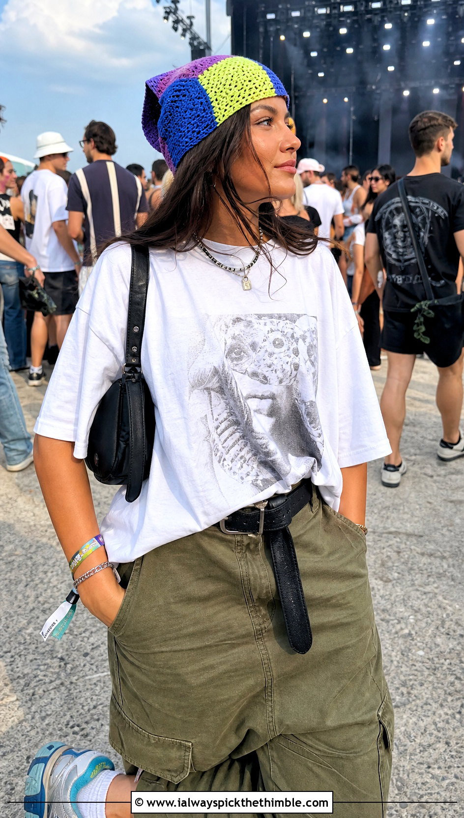 Patchwork Crochet Bandana With Graphic Tee And Cargo Pants - 20 crochet bandana hair scarf outfit ideas