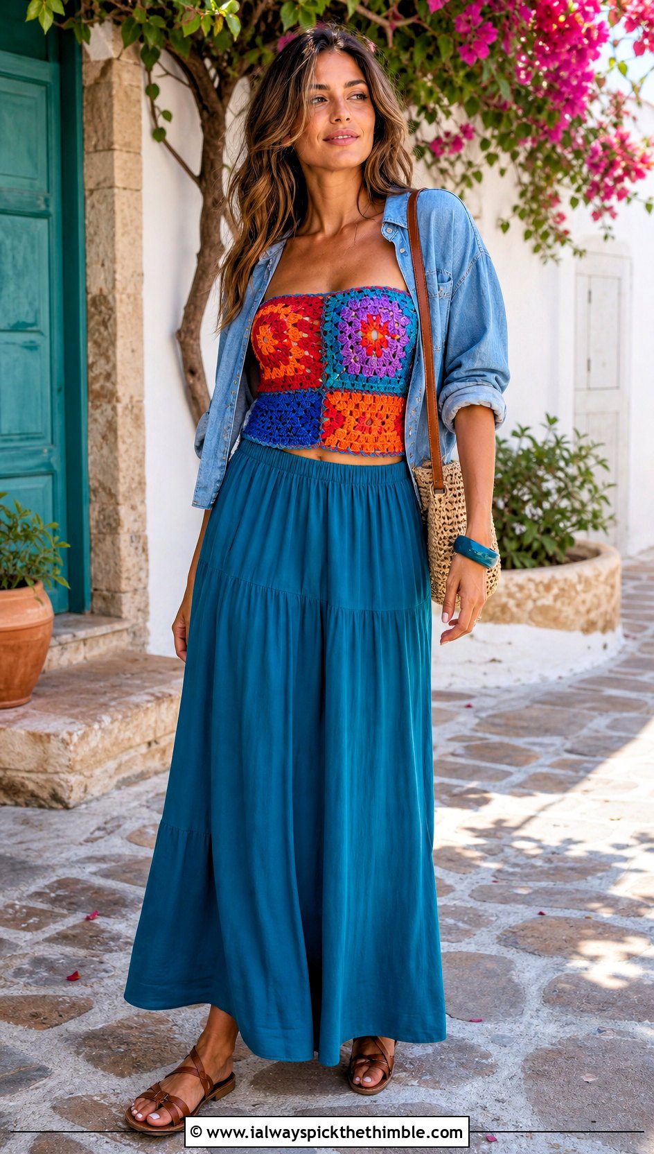Patchwork Crochet Bandeau Top With Maxi Skirt - 25 crochet bandeau top outfit ideas