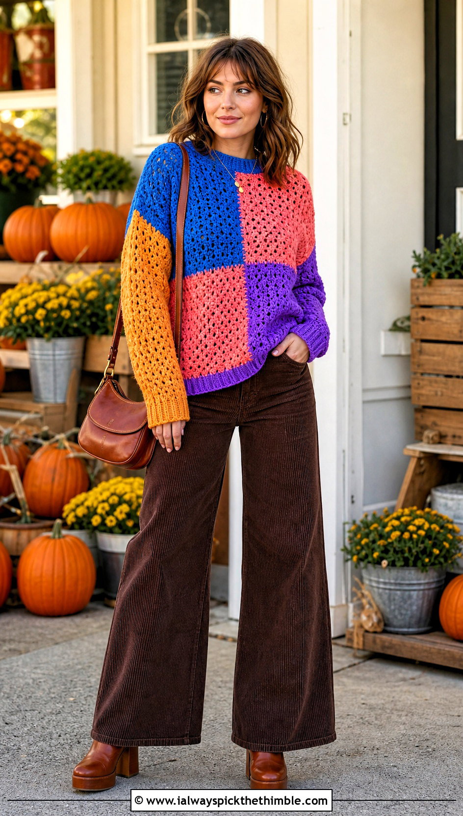 Patchwork Crochet Barbie Sweater With Corduroy Pants - 20 crochet barbie sweater outfit ideas
