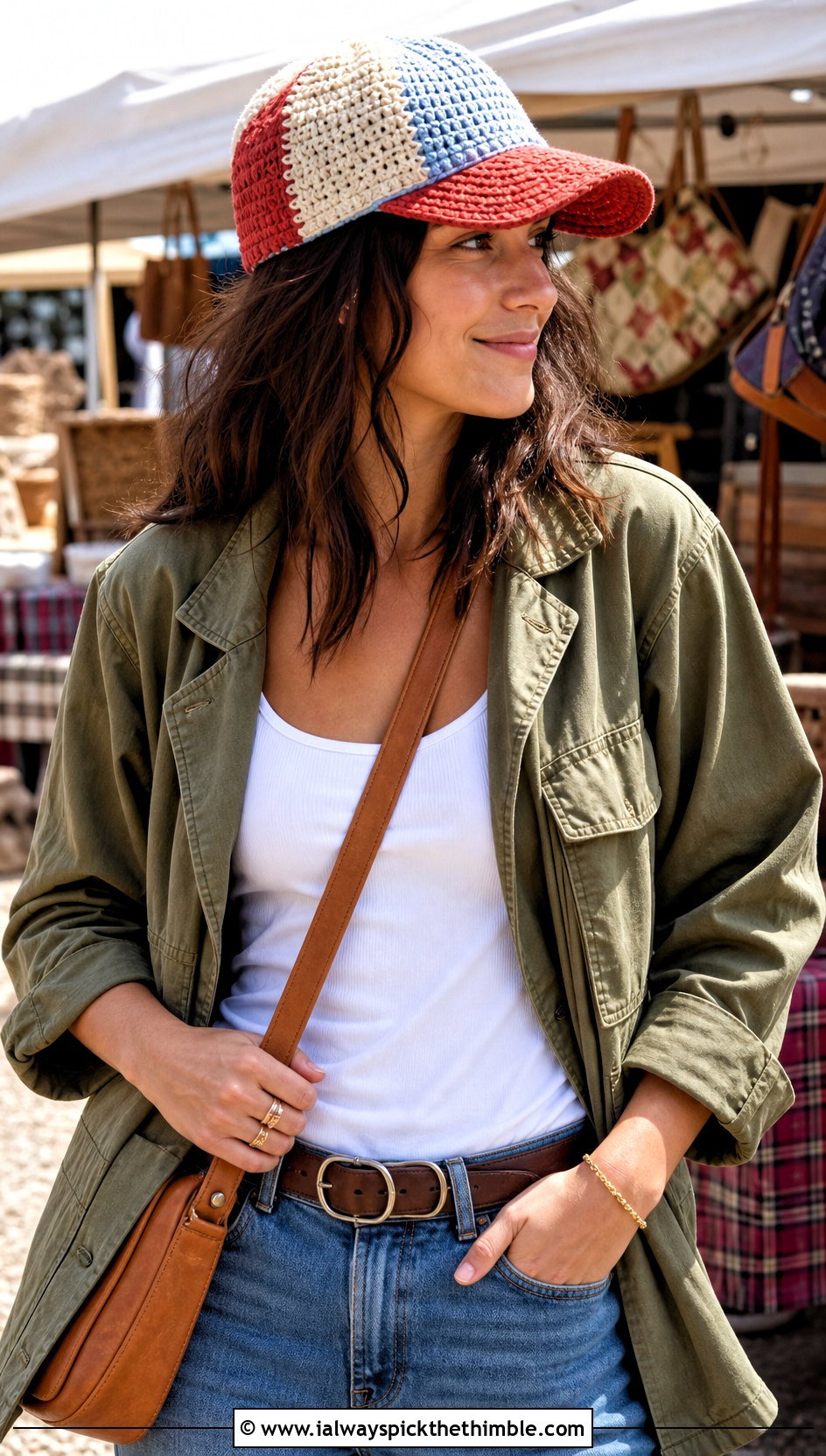 Patchwork Crochet Baseball Cap With Utility Jacket And Barrel Jeans - 15 crochet baseball cap for adults outfit ideas