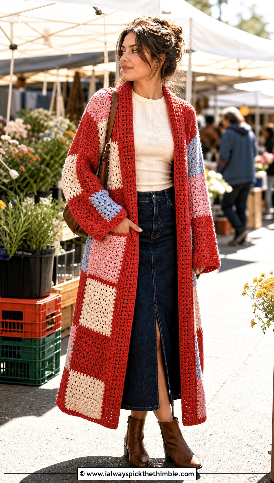 Patchwork Crochet Bathrobe With Denim Skirt - 20 crochet bathrobe outfit ideas