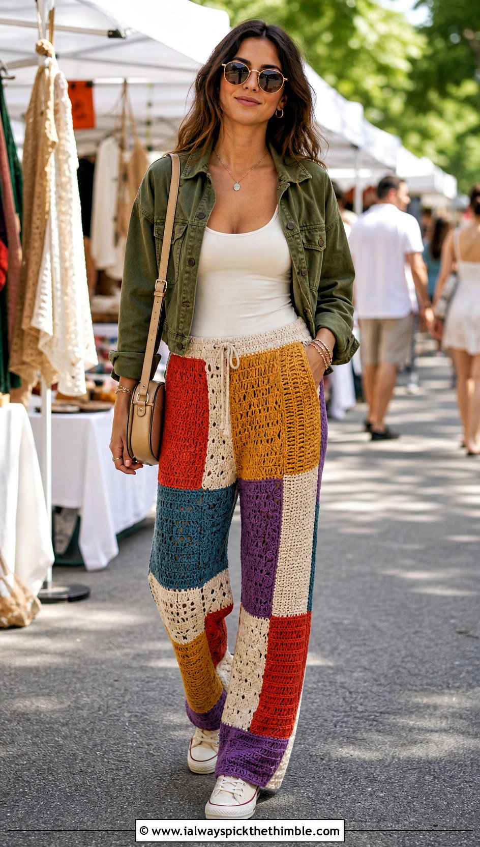 Patchwork Crochet Beach Pants With Utility Jacket - 25 crochet beach pants outfit ideas