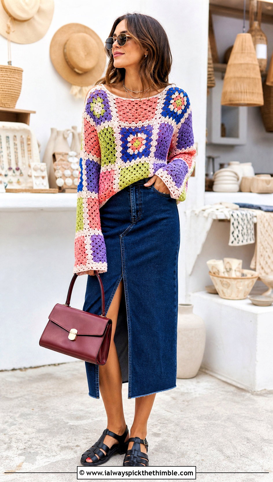 Patchwork Crochet Beach Sweater With Denim Midi Skirt - 20 Crochet Beach Sweater outfit ideas