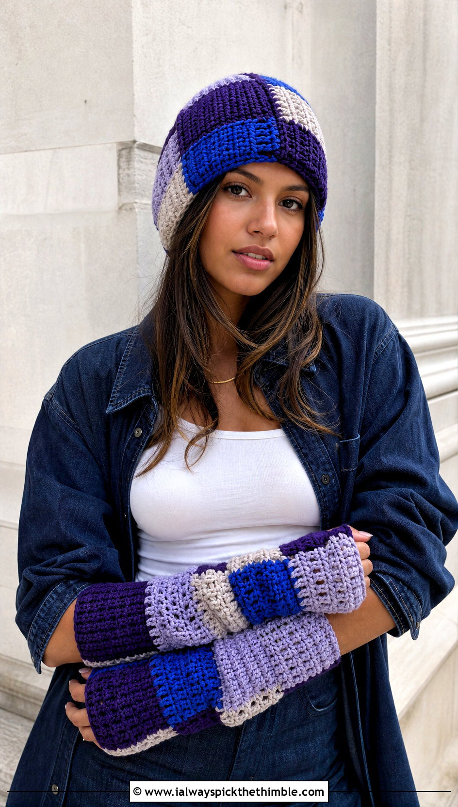 Patchwork Crochet Beanie And Long Arm Warmers With Double Denim - 15 Crochet Hat With Hand Warmer outfit ideas