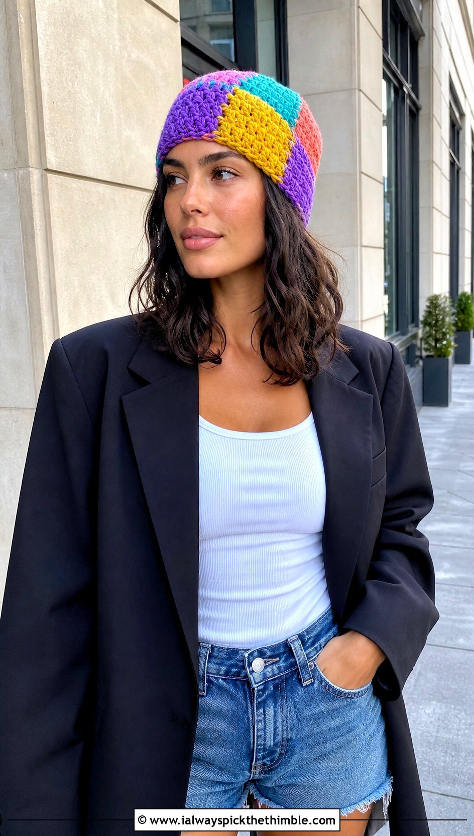 Patchwork Crochet Beanie With Blazer And Denim Shorts - 25 aesthetic crochet beanie outfit ideas