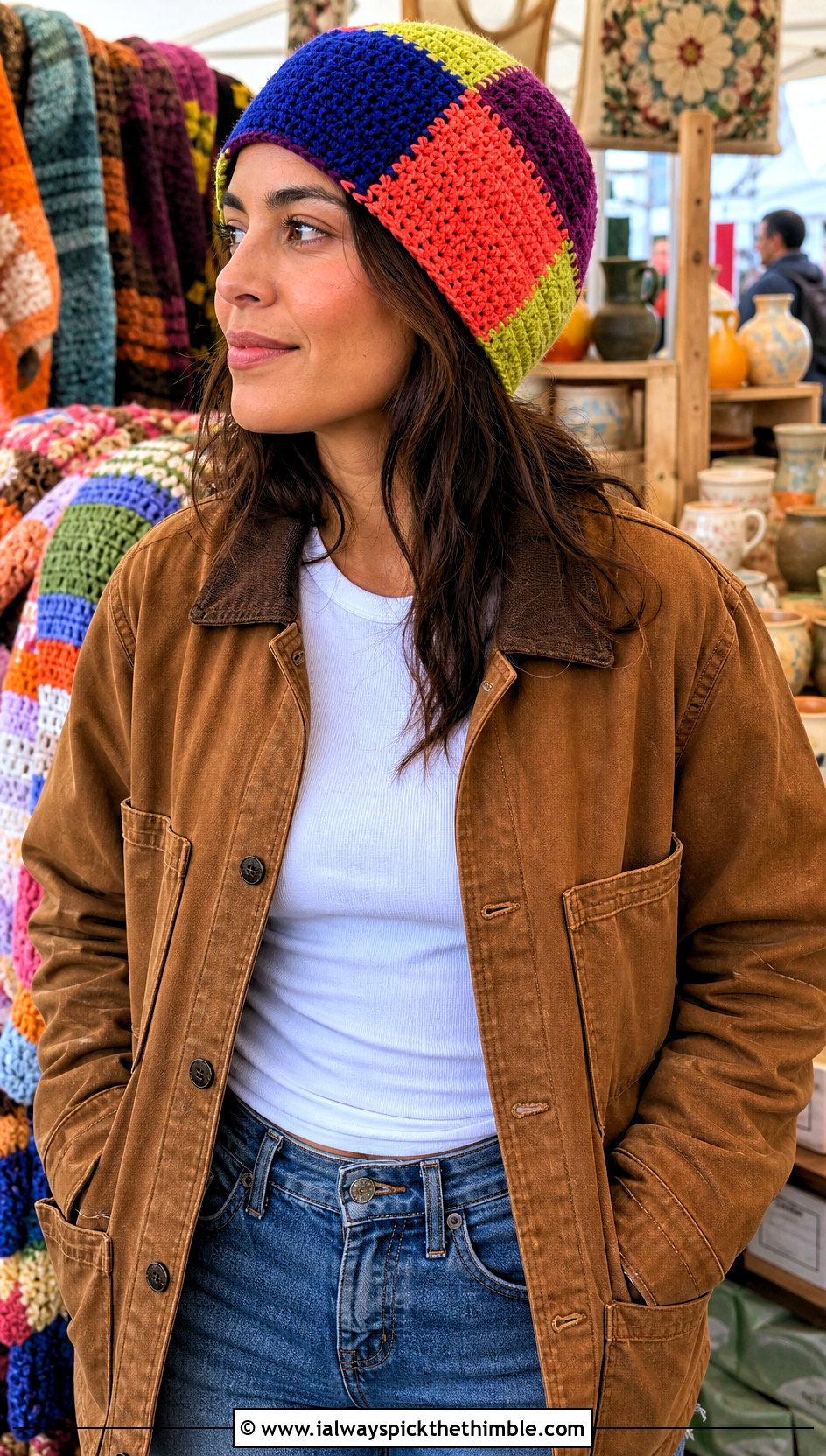 Patchwork Crochet Beanie With Chore Coat And Barrel Jeans - 25 crochet beanie hat outfit ideas