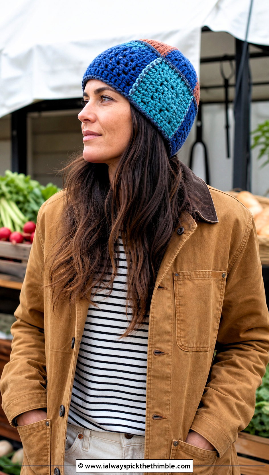 Patchwork Crochet Beanie With Chore Coat - 20 crochet fall beanie outfit ideas