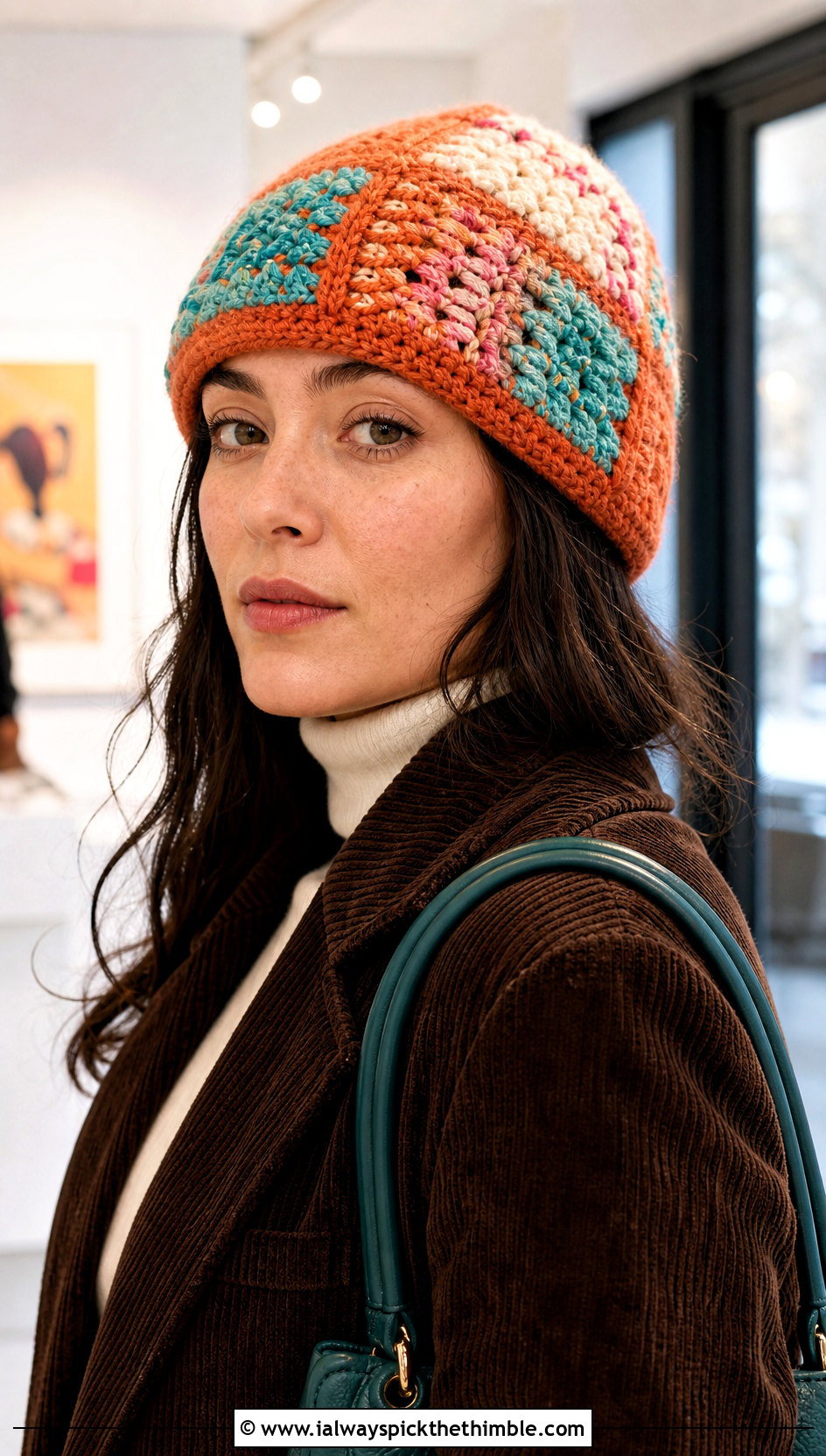 Patchwork Crochet Beanie With Corduroy Suit - 25 cute crochet beanies outfit ideas
