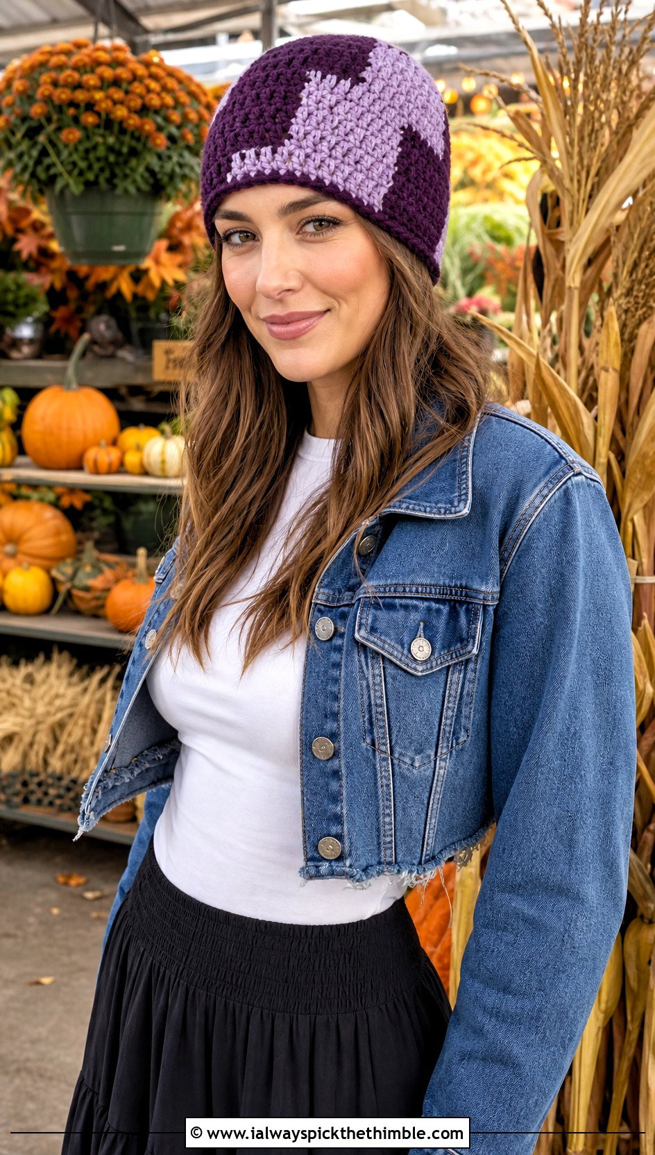 Patchwork Crochet Beanie With Denim Jacket And Maxi Skirt - 20 Fun Crochet Hat outfit ideas