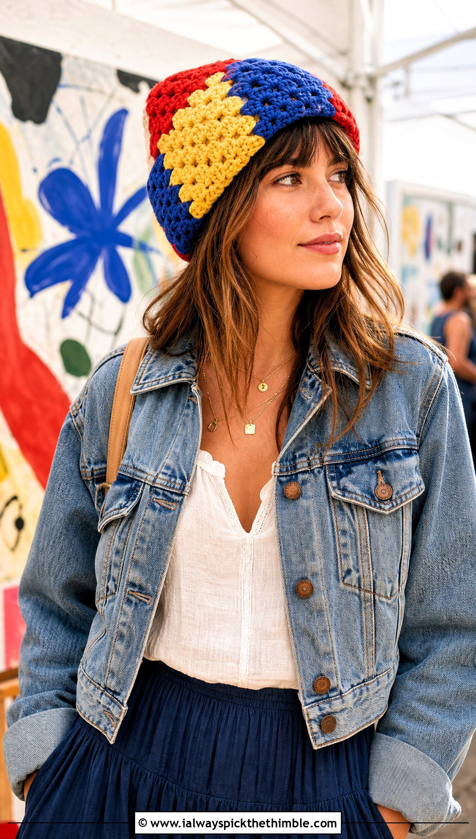 Patchwork Crochet Beanie With Denim Jacket And Tiered Skirt - 20 country cottage crochet beanie outfit ideas