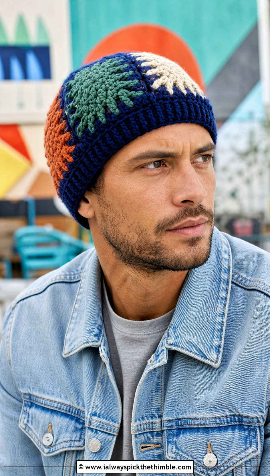 Patchwork Crochet Beanie With Double Denim - 25 Men Crochet Beanie outfit ideas
