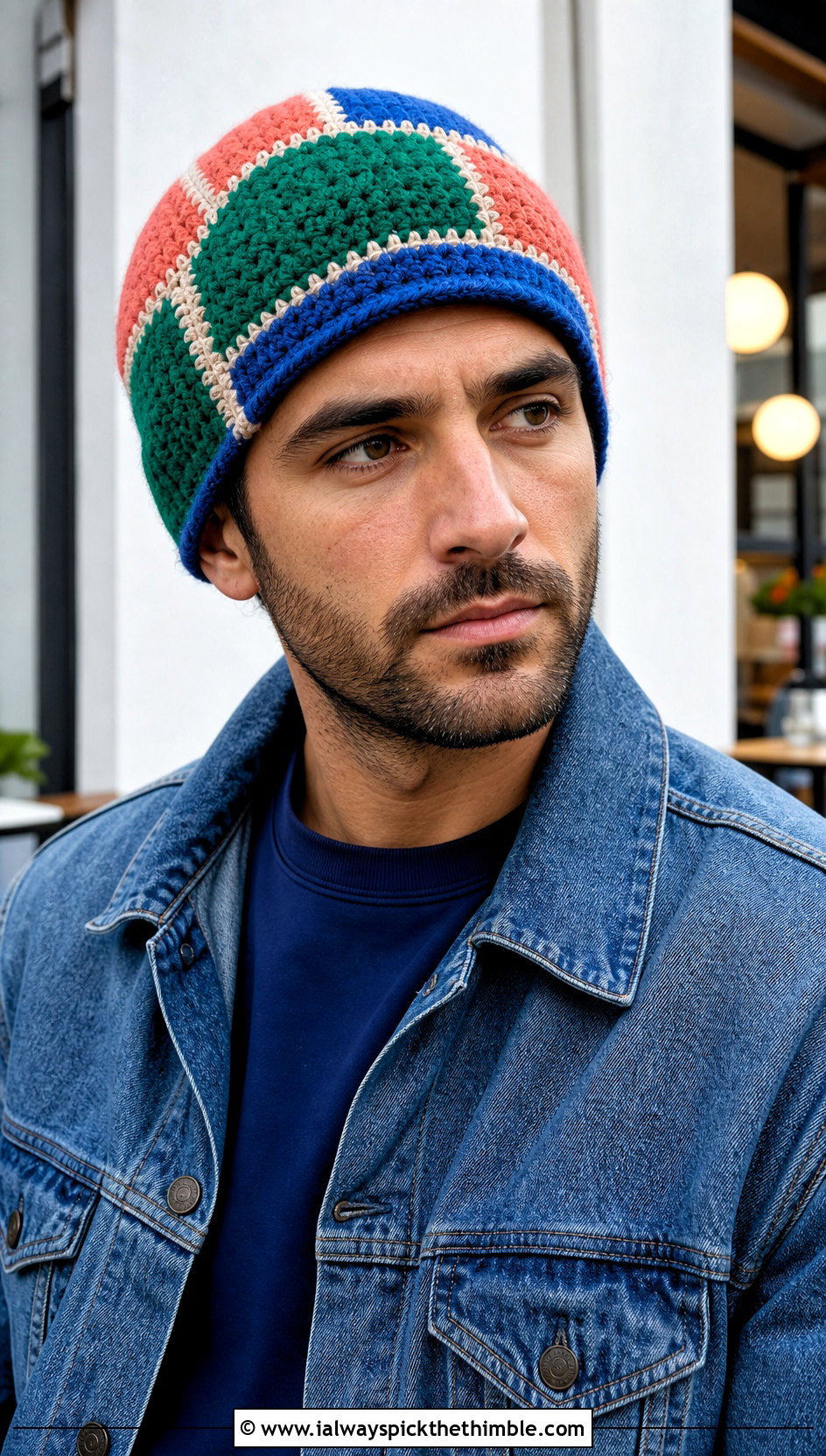 Patchwork Crochet Beanie With Double Denim - 25 men's crochet beanie outfit ideas