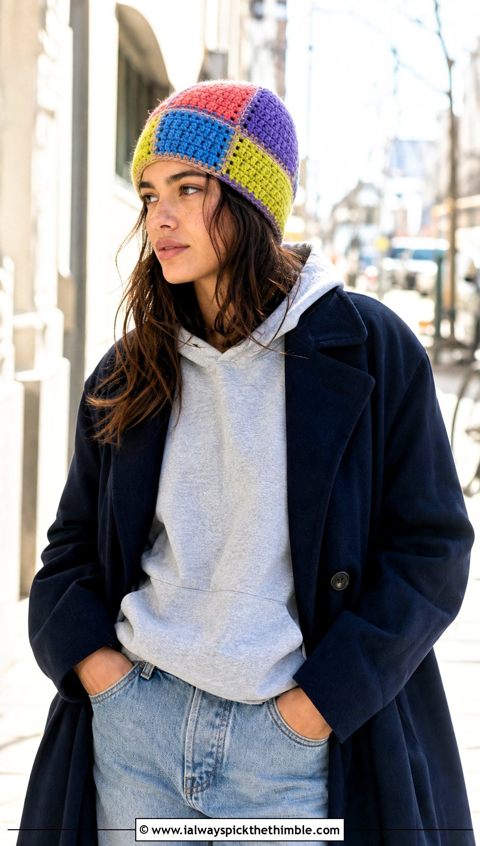 Patchwork Crochet Beanie With Hoodie And Maxi Coat - 25 easy crochet beanie outfit ideas